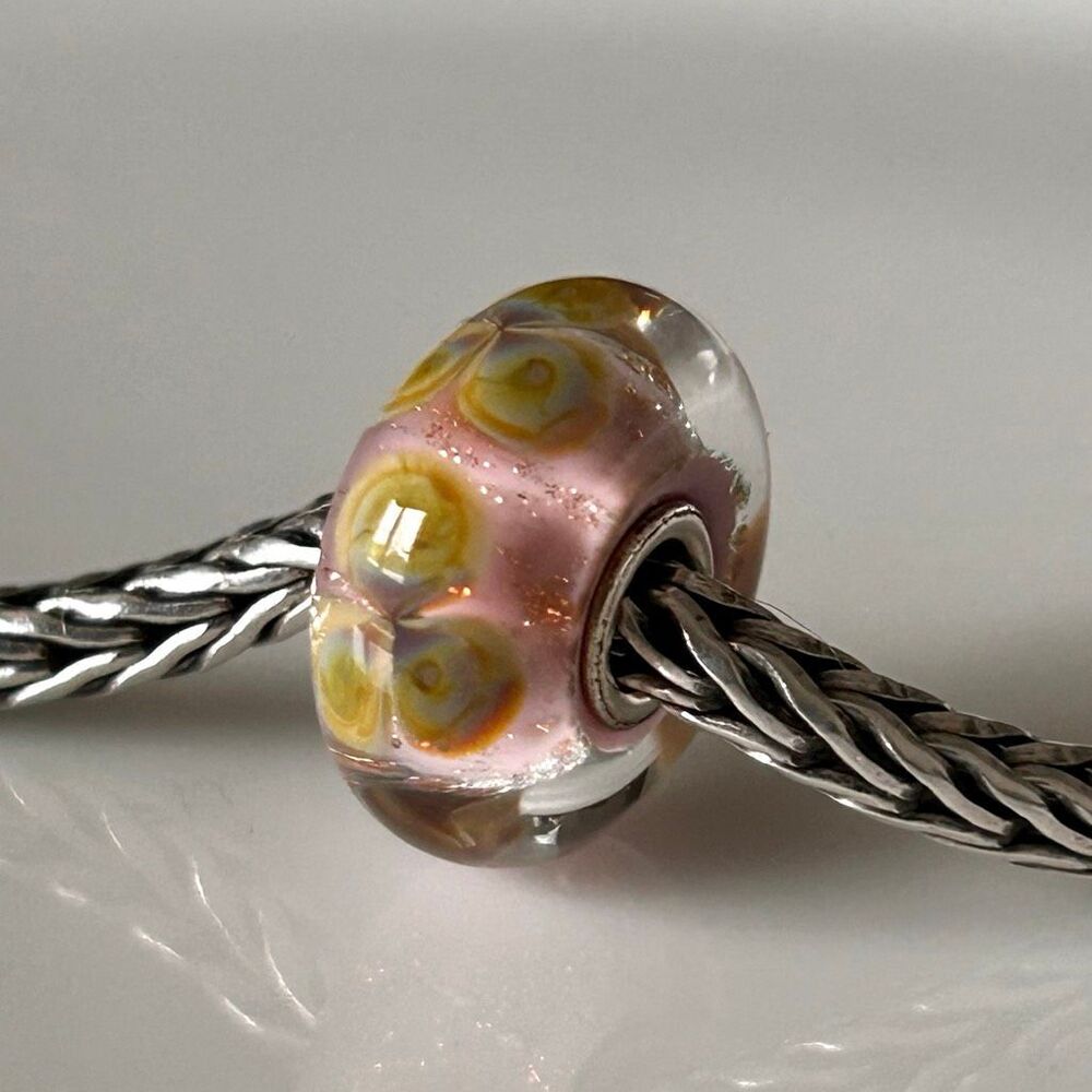 TROLLBEADS Wild Flowers LAA 925S Pastel Pink & Flowers w Glitter NEW
